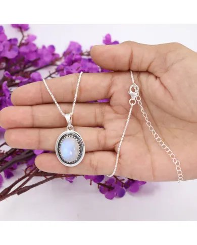 Rainbow Moonstone Pendant - 925 Sterling Silver Oval Handmade Jewelry