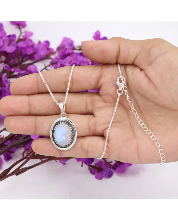 Rainbow Moonstone Pendant - 925 Sterling Silver Cabochon Necklace