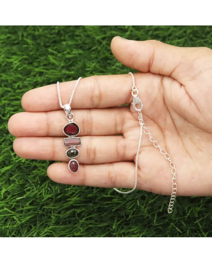 Unique Gemstone Pendant – Multi Tourmaline 925 Silver Jewelry
