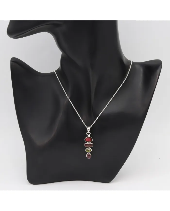 Multi Tourmaline Vertical Bar Pendant 925 Sterling Silver Necklace
