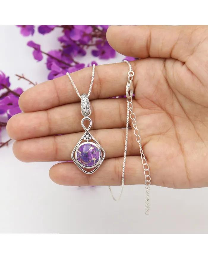 Purple Copper Turquoise Infinity Pendant Necklace In Sterling Silver