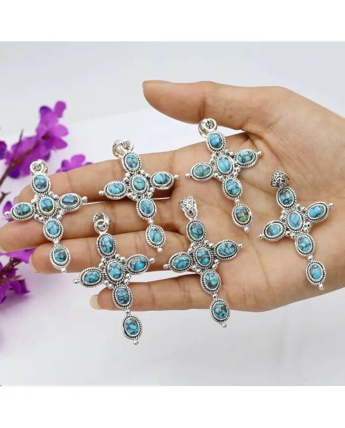 Tibetan Turquoise Cross Pendant - 925 Silver Gemstone Jewelry