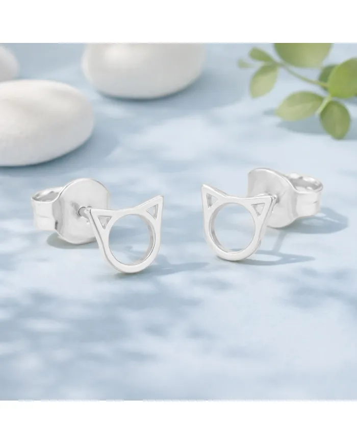 Cute Cat Stud Earrings | 925 Sterling Silver Tiny Jewelry