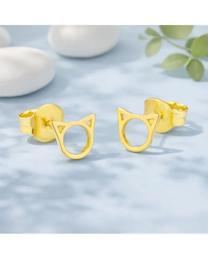 18K Gold-Plated Cute Cat Stud Earrings | Handmade Tiny Jewelry