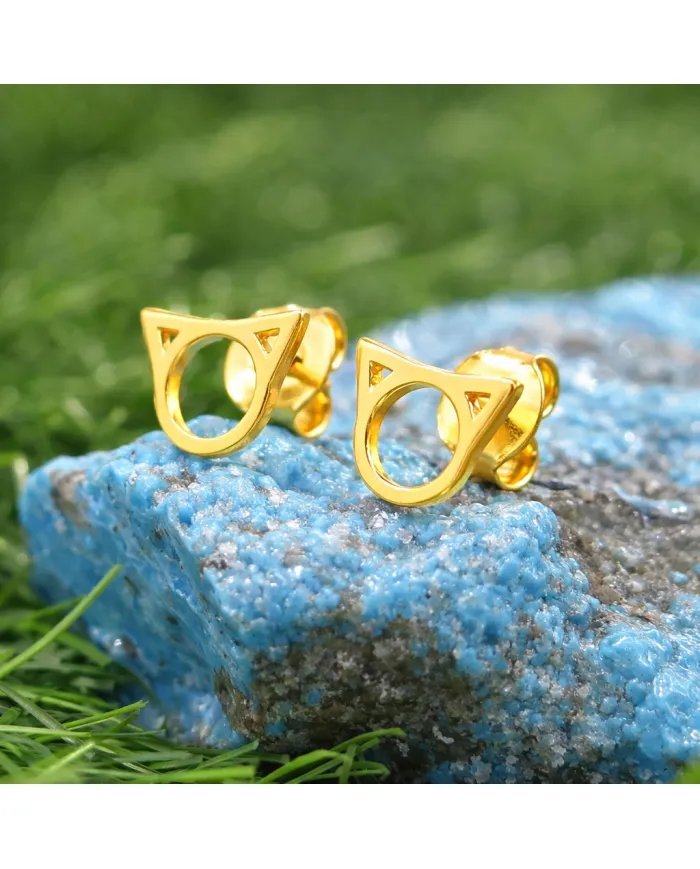 Cat Face Studs - Gold Plated 925 Silver Handmade Cute Mini Earrings