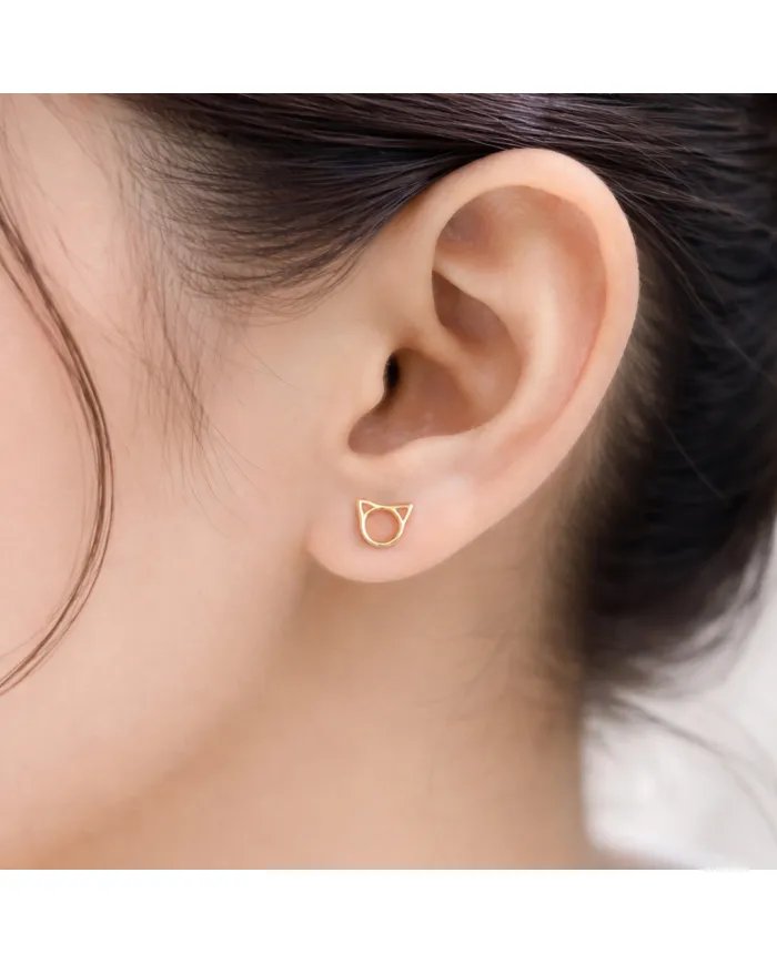 Cat Face Studs - Gold Plated 925 Silver Handmade Cute Mini Earrings
