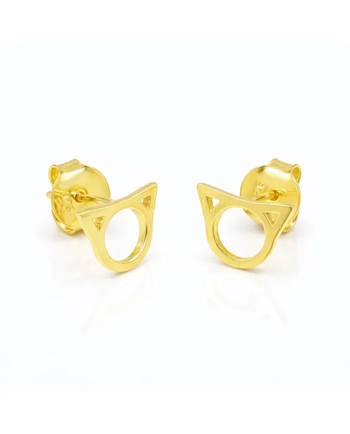 Cat Face Studs - Gold Plated 925 Silver Handmade Cute Mini Earrings