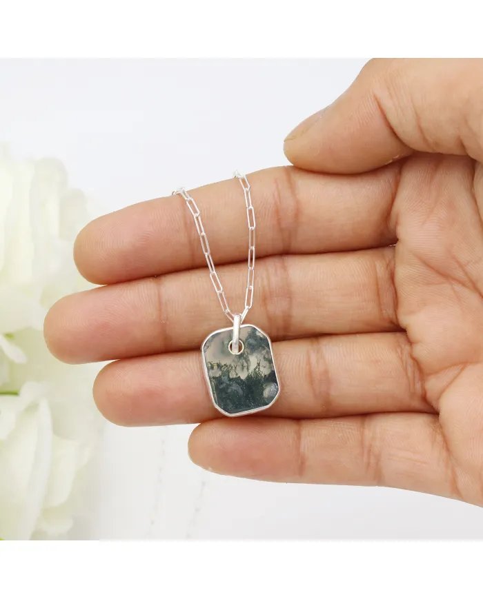 Moss Agate Pendant Necklace – 925 Sterling Silver Handmade Unisex Jewelry