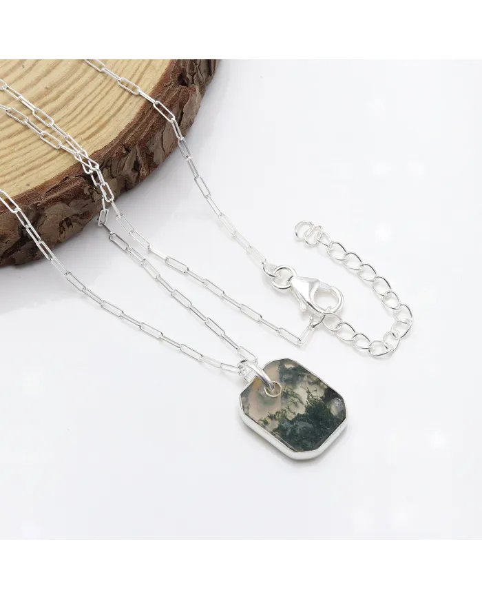 Moss Agate Pendant Necklace – 925 Sterling Silver Handmade Unisex Jewelry