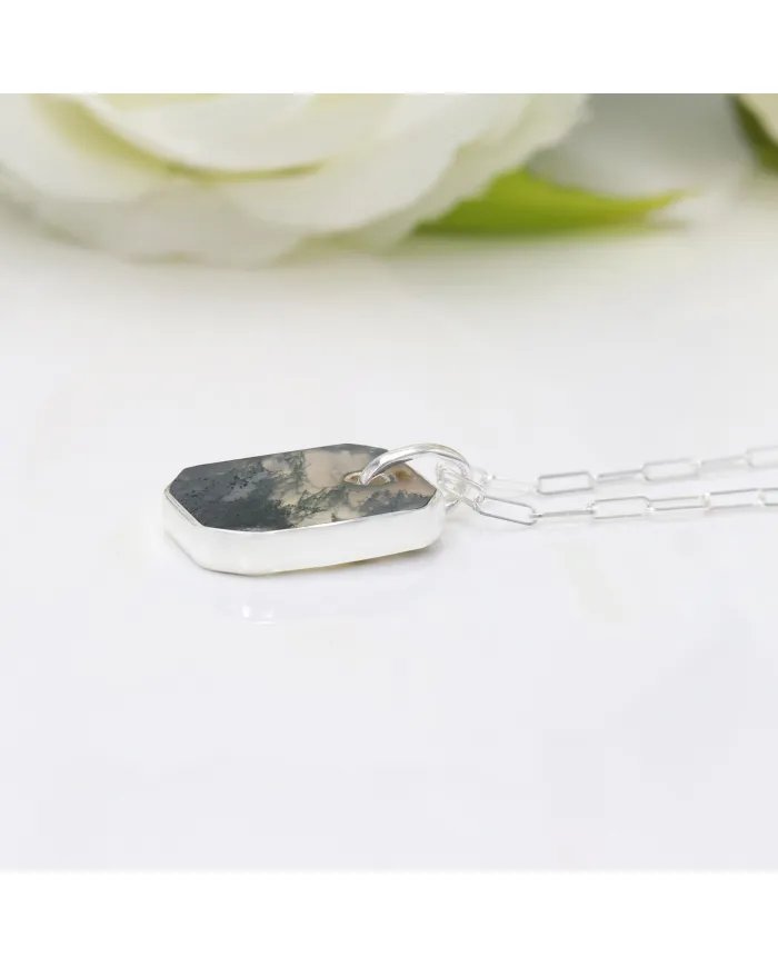Moss Agate Pendant Necklace – 925 Sterling Silver Handmade Unisex Jewelry