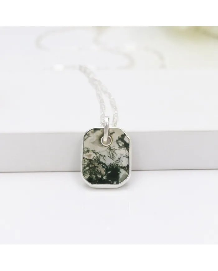 Moss Agate Pendant Necklace – 925 Sterling Silver Handmade Unisex Jewelry