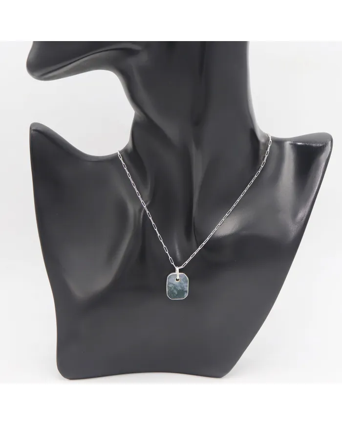 Moss Agate Pendant Necklace in Sterling Silver Handmade Unisex Jewelry
