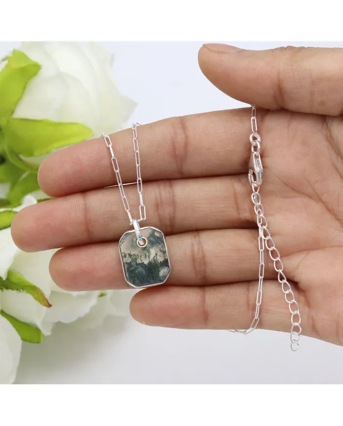 Moss Agate Pendant Necklace – 925 Sterling Silver Handmade Unisex Jewelry