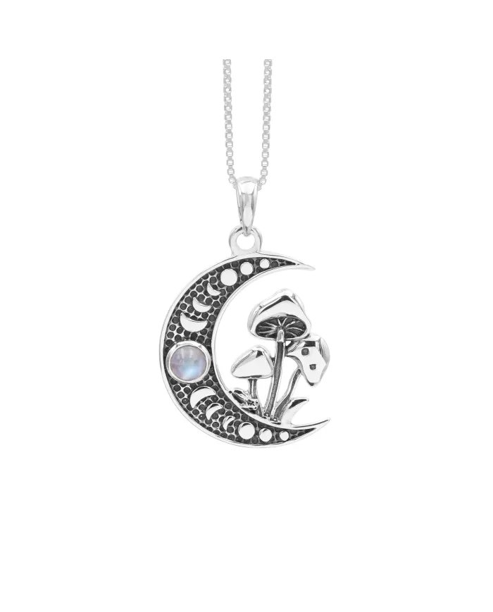 Rainbow Moonstone Moon Necklace – 925 Sterling Silver Oxidized Finish