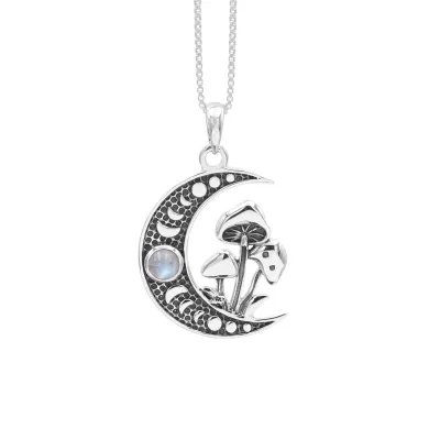 Rainbow Moonstone Moon Necklace – 925 Sterling Silver Oxidized Finish