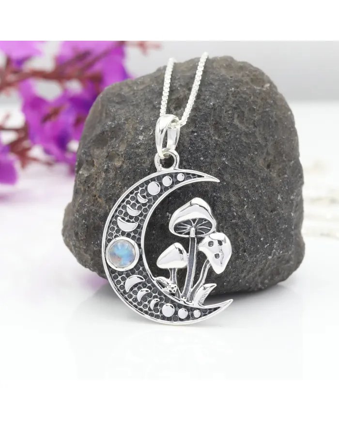 Rainbow Moonstone Moon Necklace – 925 Sterling Silver Oxidized Finish