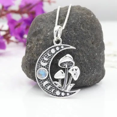 Rainbow Moonstone Moon Necklace – 925 Sterling Silver Oxidized Finish
