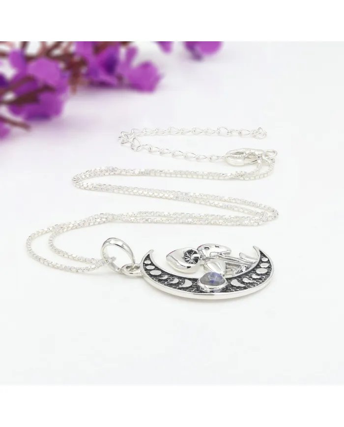 Rainbow Moonstone Moon Necklace – 925 Sterling Silver Oxidized Finish
