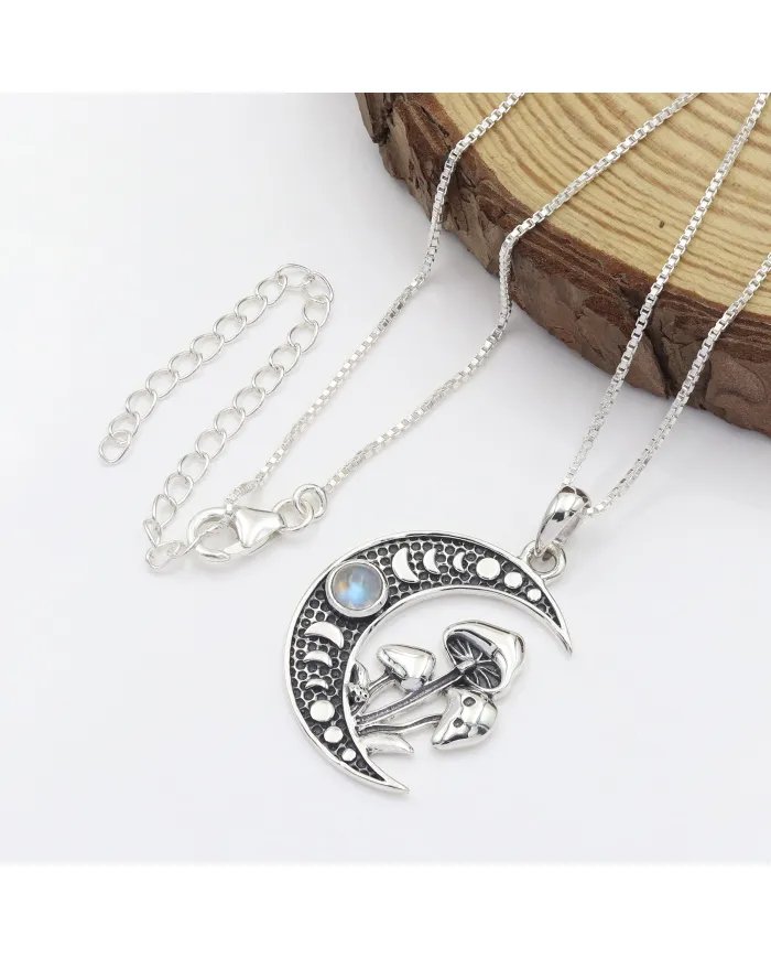 Rainbow Moonstone Moon Necklace – 925 Sterling Silver Oxidized Finish