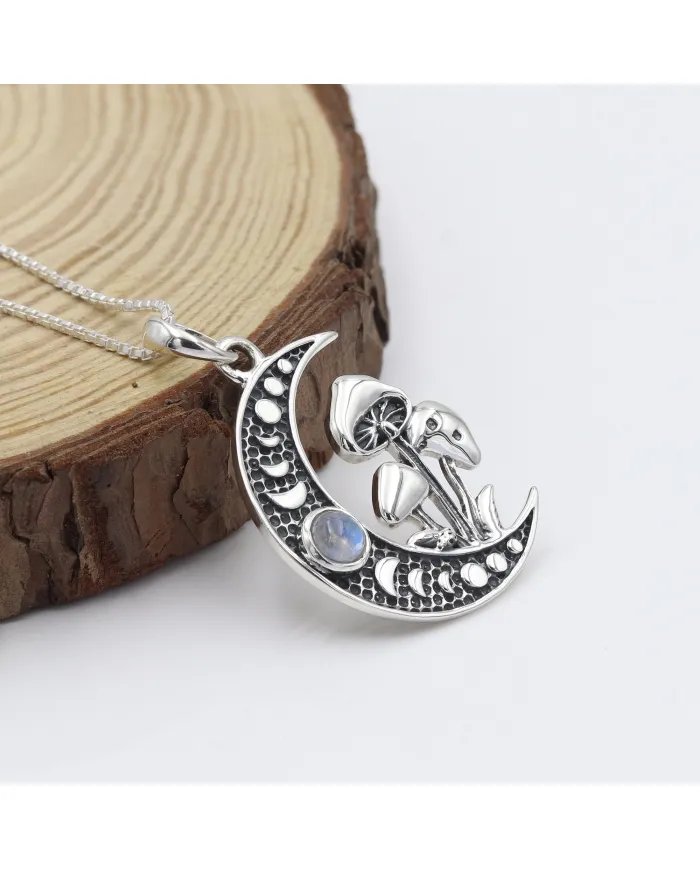 Rainbow Moonstone Moon Necklace – 925 Sterling Silver Oxidized Finish