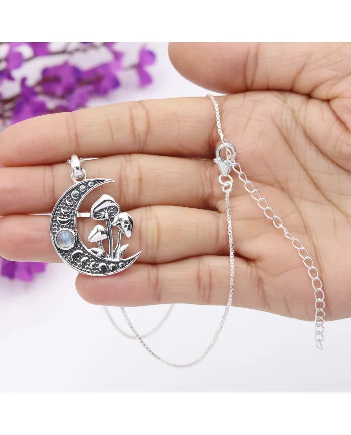 Rainbow Moonstone Moon Necklace – 925 Sterling Silver Oxidized Finish