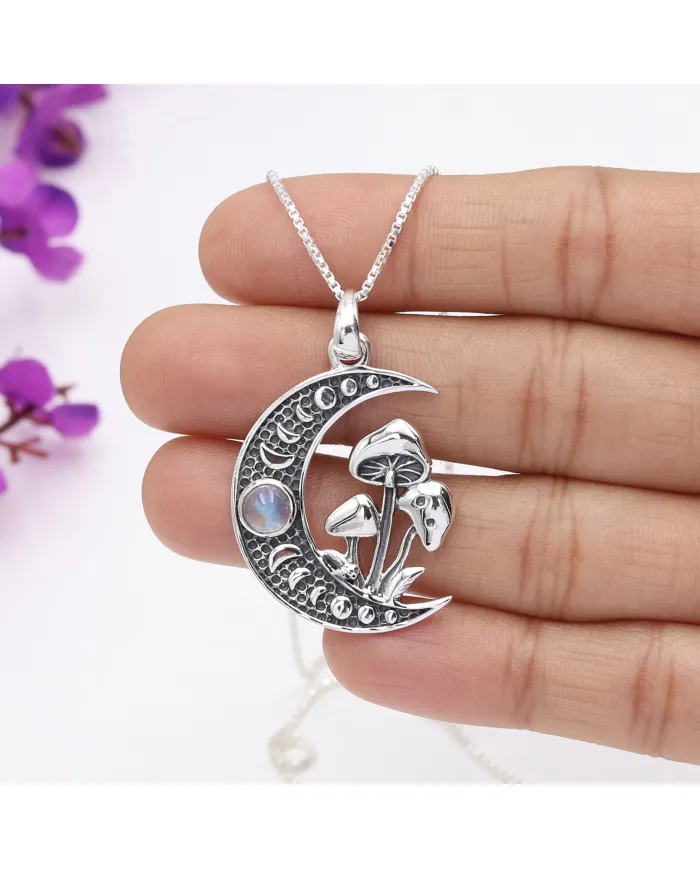 Rainbow Moonstone Moon Phase Moon Mushroom Pendant Necklace for Women