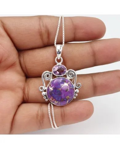 Handmade Purple Copper Turquoise & Amethyst Pendant in 925 Sterling Silver
