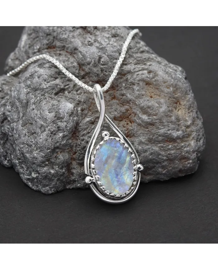 Rainbow Moonstone Pendant Necklace 925 Sterling Silver Healing Crystal