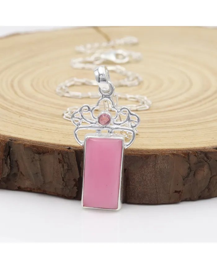 Pink Opal & Tourmaline Pendant - 925 Sterling Silver Baguette Style