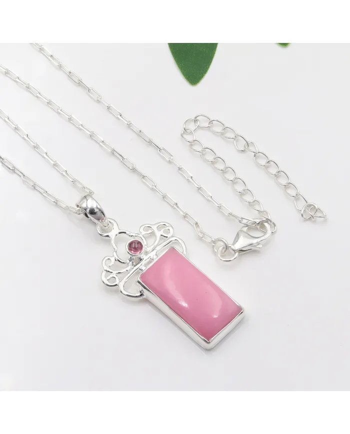 Pink Opal & Tourmaline Pendant - 925 Sterling Silver Baguette Style
