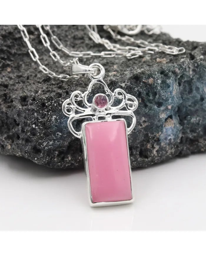Pink Opal & Tourmaline Pendant - 925 Sterling Silver Baguette Style