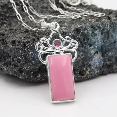 Pink Opal & Tourmaline Pendant - 925 Sterling Silver Baguette Style