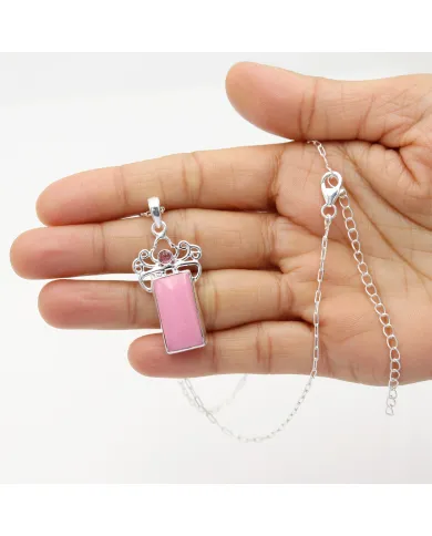 Pink Opal & Tourmaline Pendant Necklace - 925 Sterling Silver Jewelry