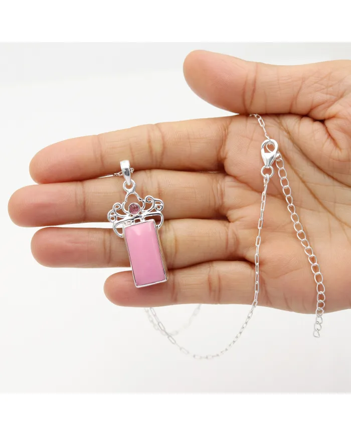 Pink Opal & Tourmaline Pendant Necklace - 925 Sterling Silver Jewelry