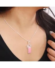 Pink Opal & Tourmaline Pendant - 925 Sterling Silver Baguette Style