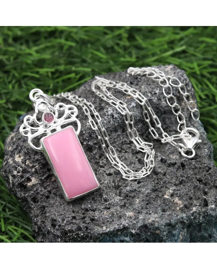 Pink Opal & Tourmaline Pendant - 925 Sterling Silver Baguette Style
