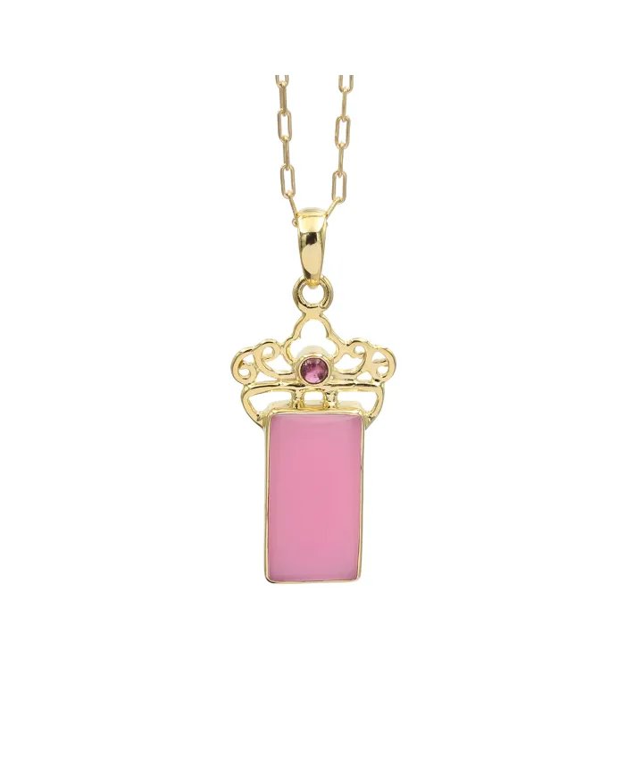 Pink Opal & Tourmaline Pendant - Gold Plated 925 Silver Baguette Style