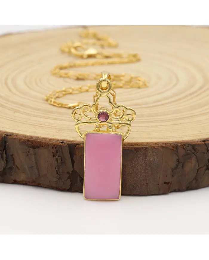 Pink Opal & Tourmaline Pendant - Gold Plated 925 Silver Baguette Style