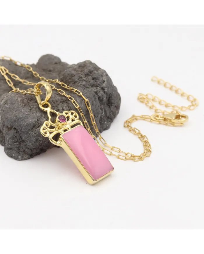 Pink Opal & Tourmaline Pendant - Gold Plated 925 Silver Baguette Style