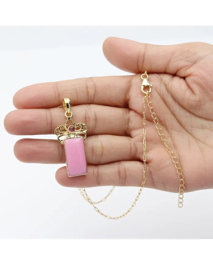Pink Opal & Tourmaline Pendant - Gold Plated 925 Silver Baguette Style