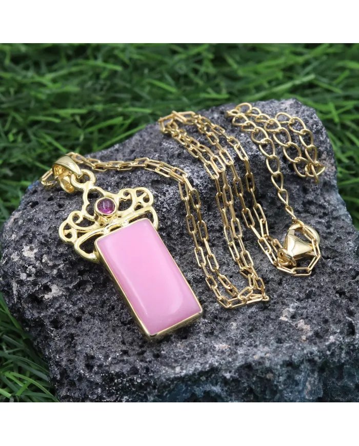 Pink Opal & Tourmaline Pendant - Gold Plated 925 Silver Baguette Style