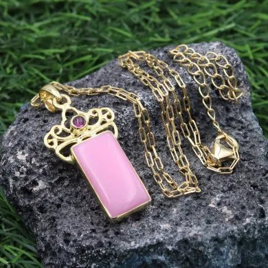 Pink Opal & Tourmaline Pendant - Gold Plated 925 Silver Baguette Style