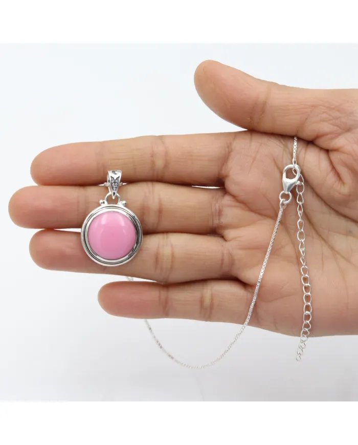 925 Sterling Silver Pink Opal Pendant – Round Gemstone Jewelry