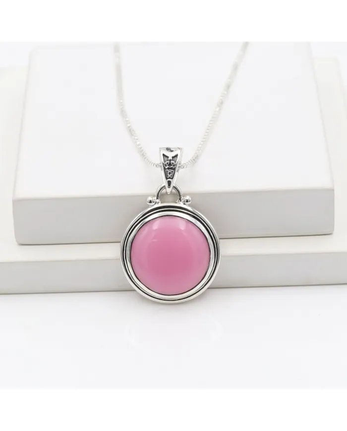 925 Sterling Silver Pink Opal Pendant – Round Gemstone Jewelry