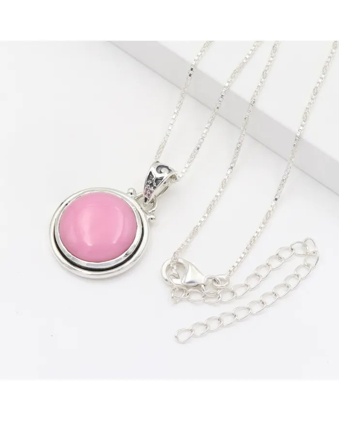 925 Sterling Silver Pink Opal Pendant – Round Gemstone Jewelry