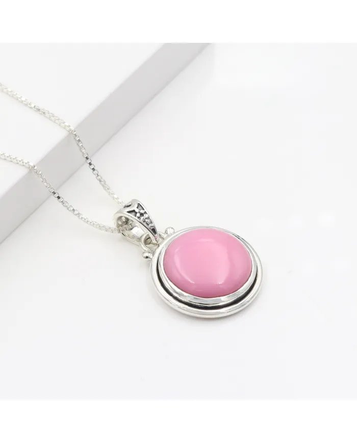 925 Sterling Silver Pink Opal Pendant – Round Gemstone Jewelry