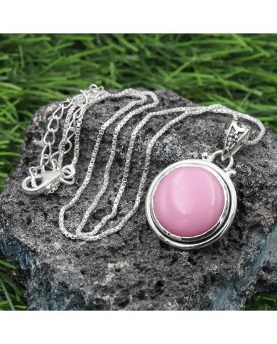 925 Sterling Silver Pink Opal Pendant – Round Gemstone Jewelry