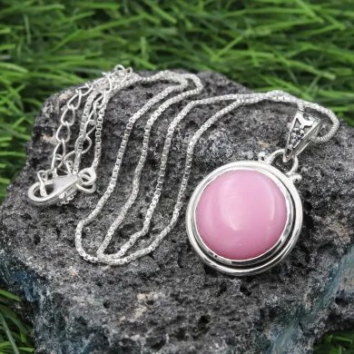 925 Sterling Silver Pink Opal Pendant – Round Gemstone Jewelry