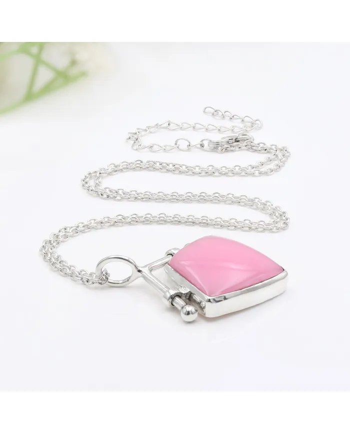 925 Sterling Silver Pink Opal Pendant – Handmade Cabochon Jewelry