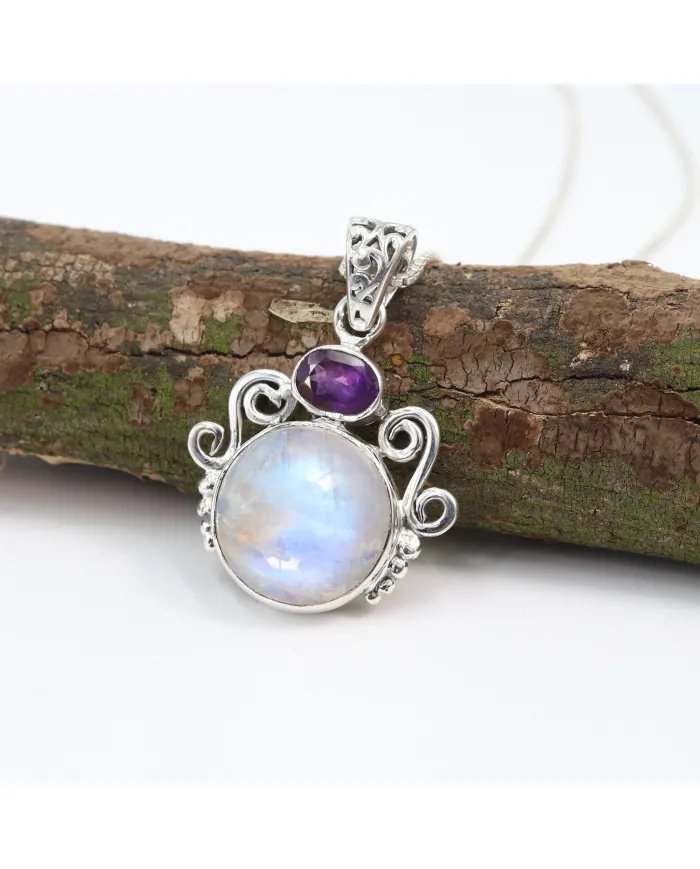 Rainbow Moonstone & Amethyst Pendant - 925 Sterling Silver Necklace